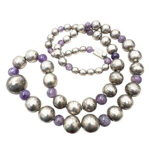 Antique Taxco Mexico Sterling Silver Amethyst Ball Bead Necklace 34 Inch 158 GM